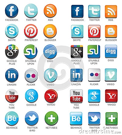 Social media network icons with names collection set with names text in round and square design.Vector illustration buttons Vector Illustration