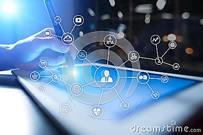 Social media network and marketing concept on virtual screen. Internet and business technology. SMM. Stock Photo