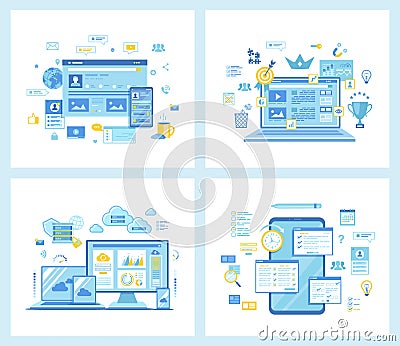 Social media network. Quality content, management, optimization. Cloud technology, data center connection, hosting, database. Onli Vector Illustration