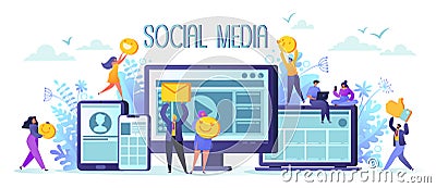 Social media networks concept. Man and woman characters chatting and blogging using mobile devices. Global internet community. Vector Illustration