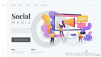 Social media and news tips, smart city landing page template. Vector Illustration