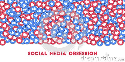 Social media obsession. Social media icons in abstract shape background with scattered thumbs up and hearts. Cartoon Illustration