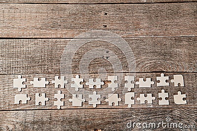 Social media. Online communication. Connecting people. Internet, network. Jigsaw puzzle on wooden surface. Copy space Stock Photo