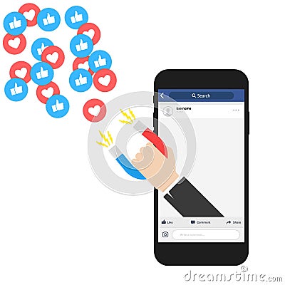 Social media online marketing. Digital advertising ads. The powerful of influencer marketing is like the magnetic field Vector Illustration