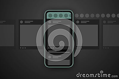 Social media post carousel dark theme. Cellphone screens carousel in black mode. Social network interface Vector Illustration