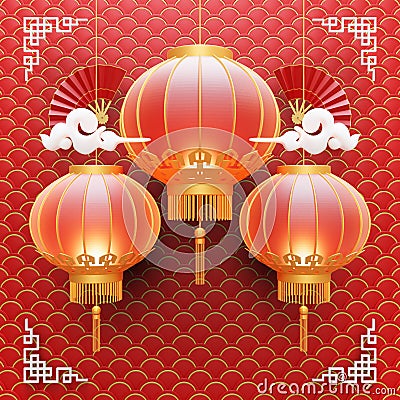 Chinse New Year Social Media Post Template With Lantern 3D Render Illustration Stock Photo