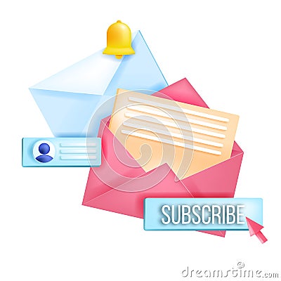 Subscribe newsletter, online email marketing isolated vector 3D concept, envelopes, notification bell. Vector Illustration