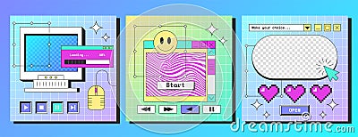 Social media posters template with retro desktop computer interface with buttons, browser windows, message boxes Vector Illustration