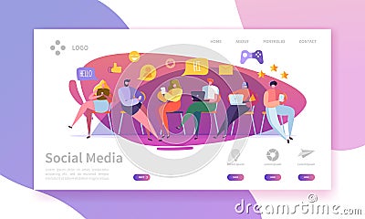 Social Media Services Landing Page. Marketing Communication Concept with Flat People Characters Website Template Vector Illustration