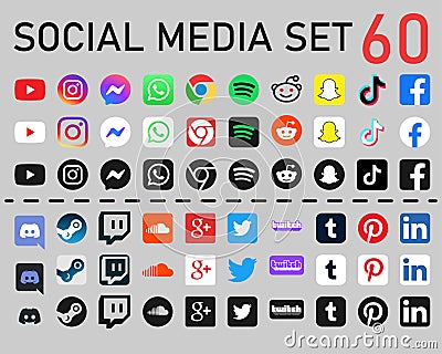 Social media set of 60 icons. Vector Illustration