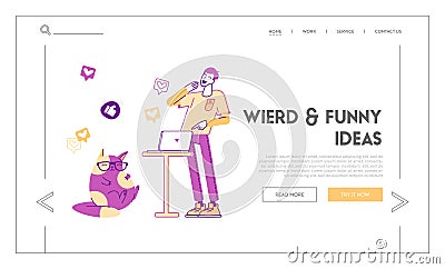 Social Media Shared Internet Content Landing Page Template. Male Character or Teenager Watching Funny Viral Video Clip Vector Illustration