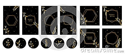 Social media stories, posts, highlights templates for instagram. Abstract luxury vector backgrounds with golden leaves Vector Illustration