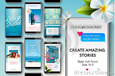 Social media story templates for brands and blogger. Create stories about travelling. Modern promotion web banner for Vector Illustration