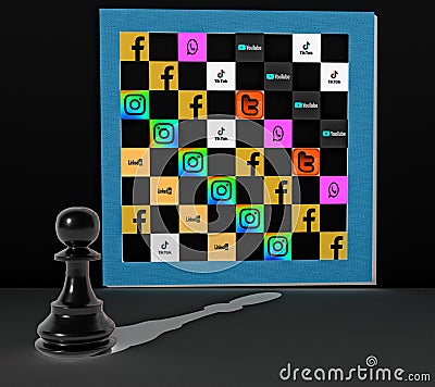 Social media strategy facebook instagram twitter linkedin tik tok chess pawn on chessboard - 3d rendering Editorial Stock Photo