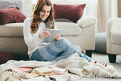 Social media user tablet promoting followers Stock Photo