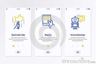 Social media video, Blogging, Virtual relationships Vertical Cards with strong metaphors. Vector Illustration