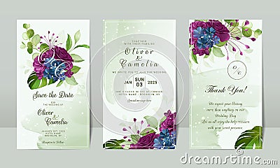 Social media watercolor floral wedding invitation card template set Vector Illustration