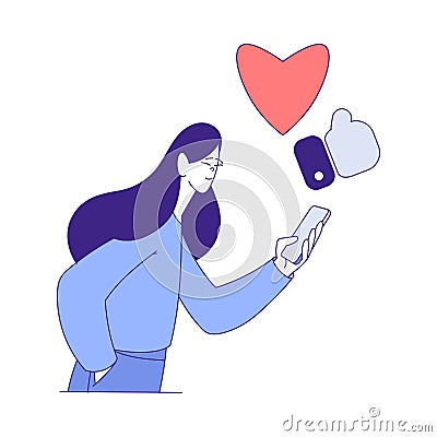 Social Media with Woman Character with Smartphone Liking Post and Follow Vector Illustration Vector Illustration