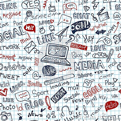 Social Media Word,Icon seamless pattern.Doodle Vector Illustration