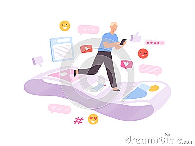 Social network addiction, man running on endless notification line. Feedback addicted character scrolls internet pages Vector Illustration