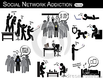 Social network addiction . a man use smartphone every time , everywhere ( in restroom , office , home , bus , dining room ) and ig Vector Illustration