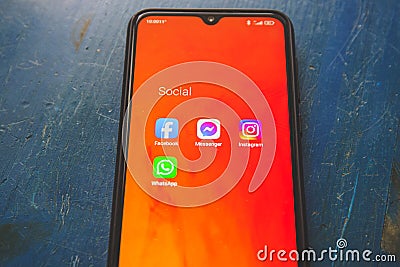 Social network applications on smartphone: Facebook, messenger, instagram, whatsapp Editorial Stock Photo