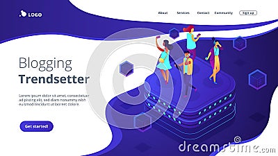 Social network behavior isometric 3D landing page. Vector Illustration