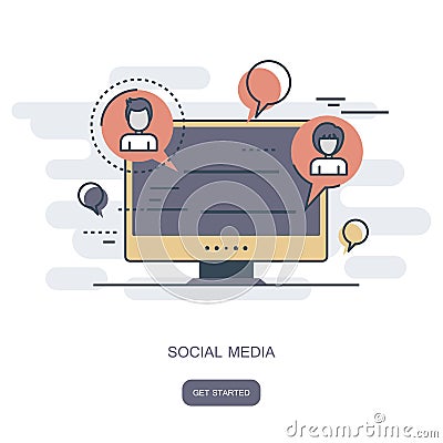 Social network and chatting icon. Global communication, e mailing, web calls. Lap top with speech bubbles. Flat vector Cartoon Illustration