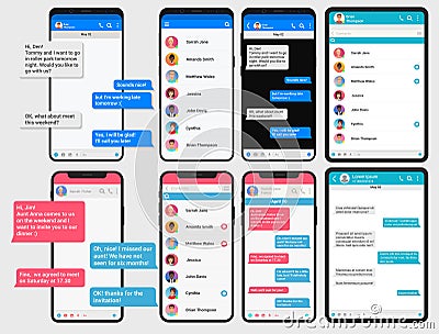 Social network concept. Chating phone and pad table screen templates set. Messenger window. Chating and messaging Vector Illustration