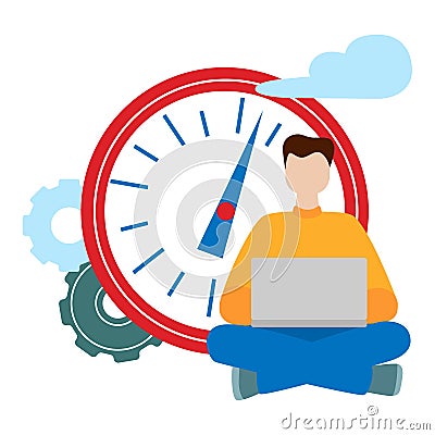 Social network concept. Freelance remote work. Working man sitting with a computer. Vector Illustration