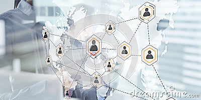 Social network with connected people 3D icons on map. Background for presentations Stock Photo