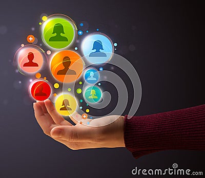 Social network icons in the hand of a woman Stock Photo