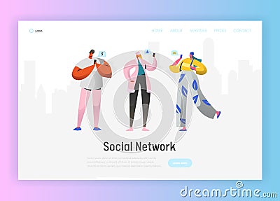 Social Network Landing Page Template. Young People Characters Chatting Using Smartphone for Website or Web Page Vector Illustration