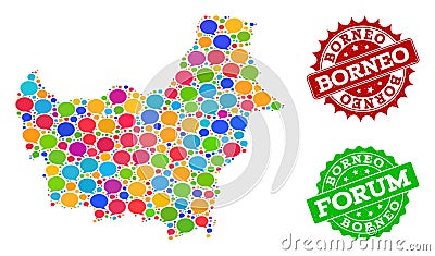 Social Network Map of Borneo Island with Talk Bubbles and Grunge Stamps Vector Illustration