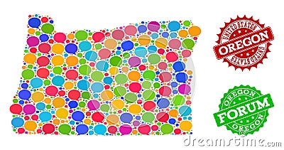 Social Network Map of Oregon State with Chat Bubbles and Textured Seals Vector Illustration