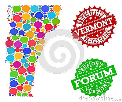 Social Network Map of Vermont State with Talk Bubbles and Distress Watermarks Vector Illustration