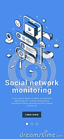 Social network monitoring internet advertisement analytics SEO solutions search mobile banner vector Vector Illustration