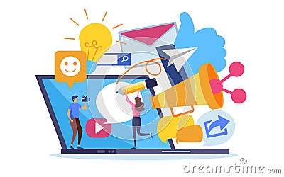 Social network online marketing content. Cartoon illustration vector graphic Vector Illustration