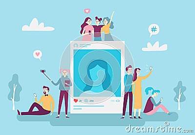 Social network photo post. Youngsters people posting selfie photos on smartphone. Social media addiction vector concept Vector Illustration