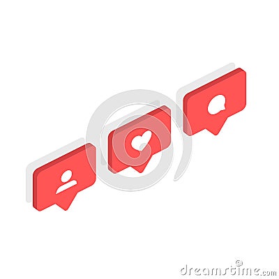 Social network rating icons isometric thumbs up icon, heart symbol, New follower set. Flat design. Vector social media Vector Illustration