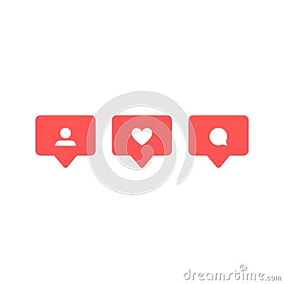 Social network rating icons: thumbs up icon, heart symbol, New follower set. Flat design. Vector social media Vector Illustration