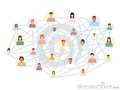Social network scheme connecting multicultural people. Vector Illustration