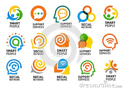 Social network for smart people with creative brain. Support services icon set. Colorful vector logo collection. Vector Illustration