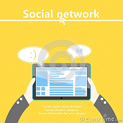 Social network. Tablet computer in hand. Flat design Stock Photo
