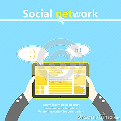 Social network. Tablet computer in hand Vector Illustration