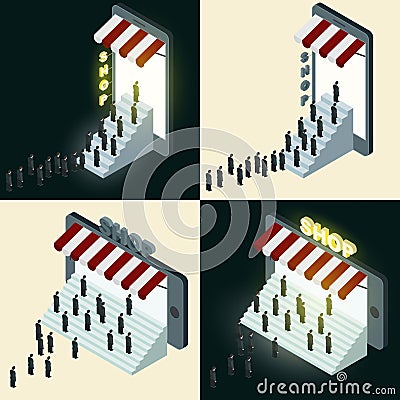 Social network and technology concept. Mobile device in flat Isometric style with people, store and stairs. Vector Illustration