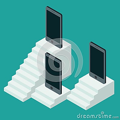 Social network and technology concept. Mobile device in flat Isometric style on the stairs Vector Illustration