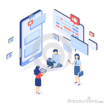 Social networking. Group chatting isometric concept. People writing messages. Man and women holding smartphones or Vector Illustration