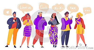 Social networking, media, virtual relationships concept. Flat cartoon characters chatting via internet using smartphone. Vector Illustration