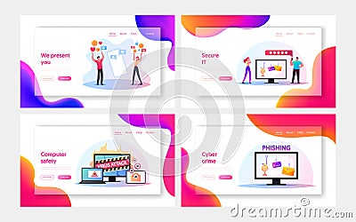 Social Networking, Virus Attack and Phishing Fraud Landing Page Template Set. Hackers Stealing Personal Data in Internet Vector Illustration